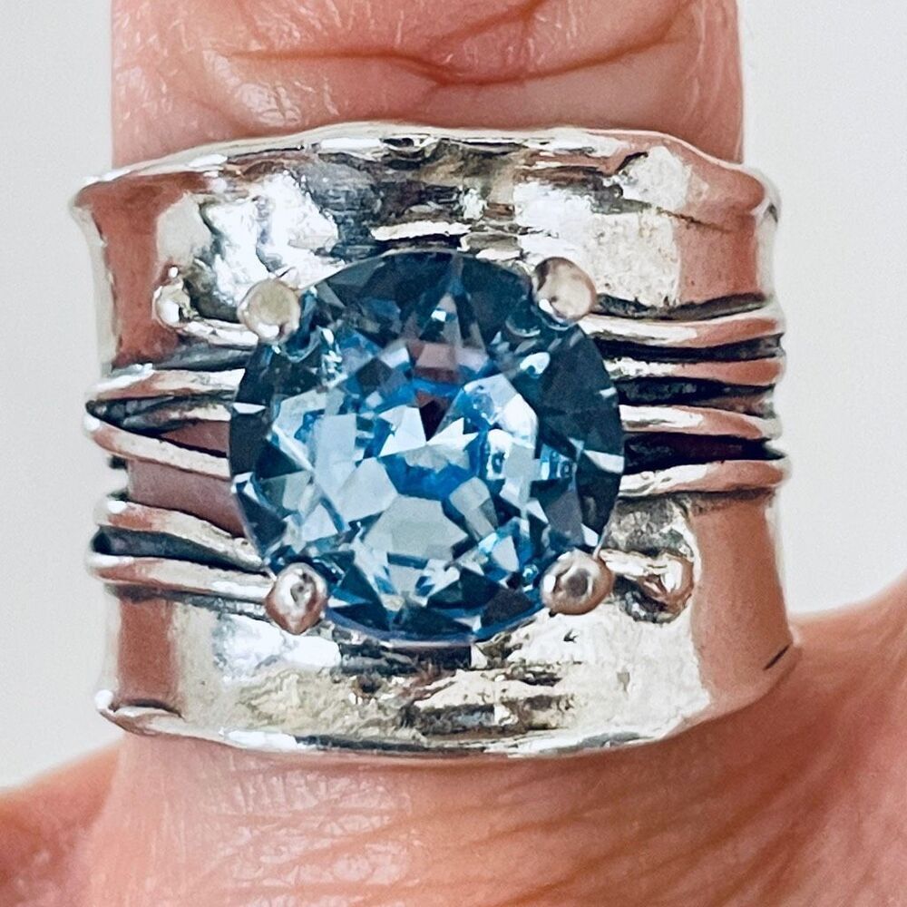 NWT Stunning Sz. 8 Made in Israel .925 Sterling Silver Thick Blue Big Topaz Ring
